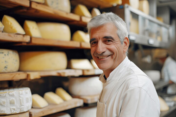 adult smiling male cheese maker against the background of a rack with heads of cheese