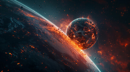 a huge gigantic burning asteroid in space flyng towards the planet earth. collides with surface. wallpaper background