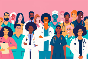 A colorful illustration of a diverse group of healthcare professionals, World Health Day