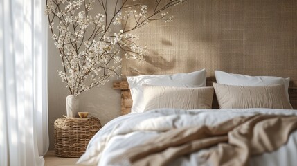 Cozy Bedroom with Spring Blossoms, inviting bedroom scene, bathed in soft sunlight, accentuated by delicate spring blossoms in a rustic vase, exuding a serene ambiance
