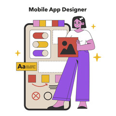 Mobile App Designer in Creative Process. A tech-savvy artist designs an engaging user interface on a smartphone, showcasing innovation in app development. Flat vector illustration
