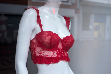 Closeup of red bra on mannequin in a fashion store showroom	 - 733909399