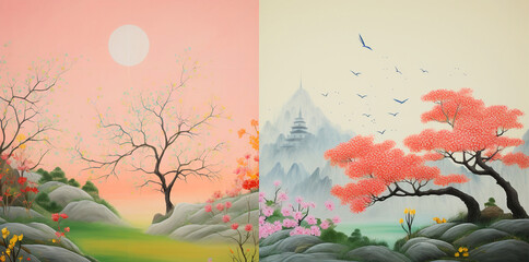 Japanese landscape Cherry blossom branches, mountains, rivers, castles, countryside, watercolor illustrations