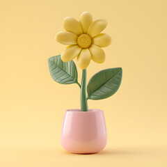 3D cartoon yellow flower in pink pot 