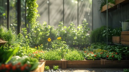 Urban Garden Oasis in Morning Light, Lush urban garden beds thriving with vibrant flowers and fresh vegetables, bathed in the soft glow of morning sunlight filtering through a serene greenhouse - obrazy, fototapety, plakaty