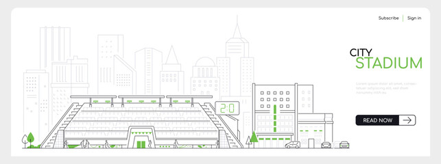 City stadium - modern thin line design style vector banner on white urban background. Composition with stands for fans and a platform for athletes, parking and a panorama of the city. Urban life © Boyko.Pictures