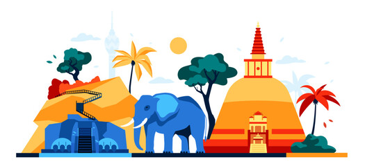Antiquities and features of Sri Lanka - modern colored vector illustration with White Dagoba and Sigiriya. Historic fortress and asian temple. Elephant and palm trees, nature, national color