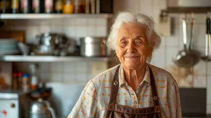 Old italian Grandma, Nonna stands in the kitchen, cooking italian traditional food and smiling into the camera, people lifestyle woman photography - obrazy, fototapety, plakaty
