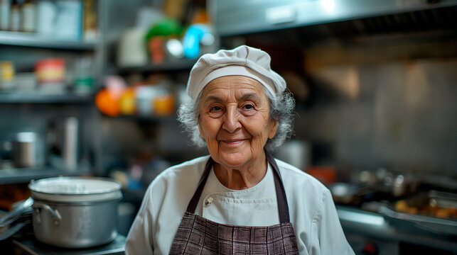Old italian Grandma, Nonna stands in the kitchen, cooking italian traditional food and smiling into the camera, people lifestyle woman photography
