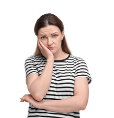 Portrait of sad woman on white background