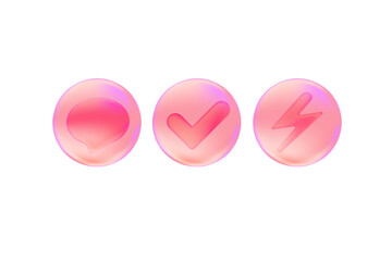 Cute pink circle bubbles icon set with speech bubble, energy lightning bolt, checkmark icon. Smooth 3d icons with glow effect, isolated vector illustration.