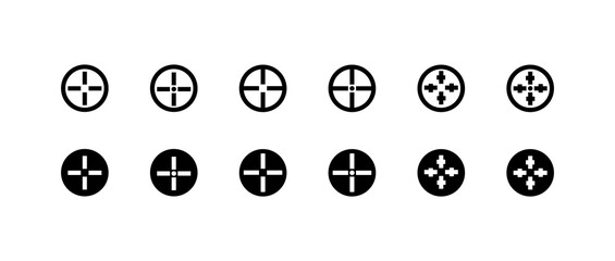 Joystick button icons. Movement button. Linear and silhouette style. Vector icons