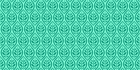 Stylish green leaves background simplified leaves seamless vector pattern with green outline - obrazy, fototapety, plakaty