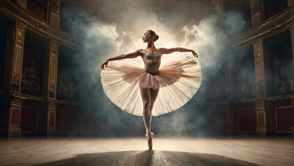 young and graceful ballet dancer in white tutu is performing choreography on theater stage under dramatic lights