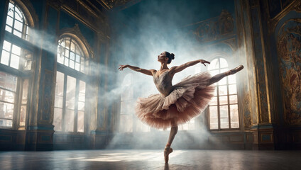 young and graceful ballet dancer in white tutu is performing choreography on theater stage under dramatic lights