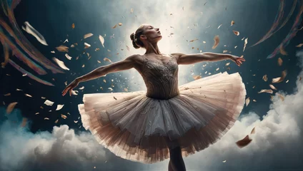 Photo sur Plexiglas École de danse young and graceful ballet dancer in white tutu is performing choreography on theater stage under dramatic lights