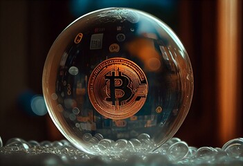 Bitcoin is a bubble, BTC cryptocurrency coin in a bubble background wallpaper. Generative AI