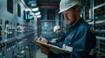 Electrician in hard hat in control room attentively takes notes and machine maintenance on clipboard. He is positioned Inside power substation in front of panel with various switches and indicators
