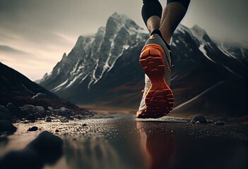 Close-up at the runner feet is start running forward to the beautiful view of mountain. Generative AI