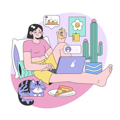 Freelancer's day concept. Woman enjoys a break with a fresh drink while working remotely, surrounded by cactus decor, motivational posters, and a dozing cat. Bright and playful. vector illustration