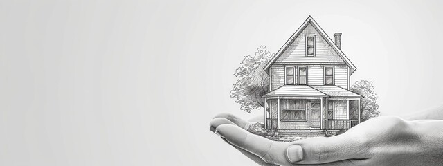 Sketch of a house resting in an open hand, depicting the idea of real estate ownership or home insurance