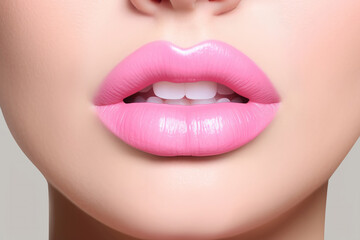 Delicate pink plump female lips. Realistic lips with white teeth close-up. Copy space. space for text - obrazy, fototapety, plakaty