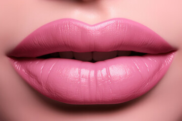 Delicate pink plump female lips. Realistic lips with white teeth close-up. Copy space. space for text