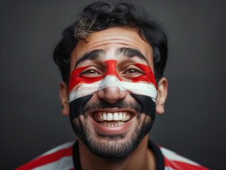 Euphoric National EGYPT Team Fan with painted country flag colors face excited Roaring Supporting songs their favorite team straight at the camera. Active sport fans movement and human emotion