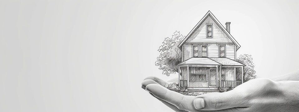 Sketch of a house resting in an open hand, depicting the idea of real estate ownership or home insurance