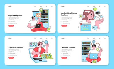 Obraz na płótnie Canvas A set of vibrant vector illustrations showcasing IT professionals: a Big Data Engineer with analytics tools, an AI Engineer with a friendly robot, a Computer Engineer at work, and a Network