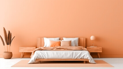 Modern minimalist bedroom interior with soft peach fuzz color empty wall. Modern trendy tone hue...