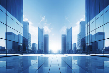 Fototapeta na wymiar Modern glass cityscape with a symmetrical view of towering skyscrapers reflecting on the glossy surface of a foreground building. Business finance concept