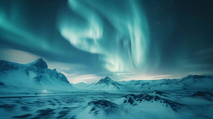 A photo of the Northern Lights over Iceland, with snow-covered mountains as the background, during a clear winter night