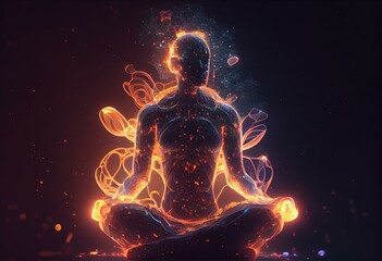 3D illustration of astral glow of a meditating yogi. Generative AI - obrazy, fototapety, plakaty
