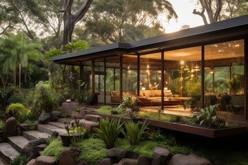 Fototapeta na wymiar A glass walled house nestled in a lush garden with interior lights casting a warm glow at dusk. Nature living concept