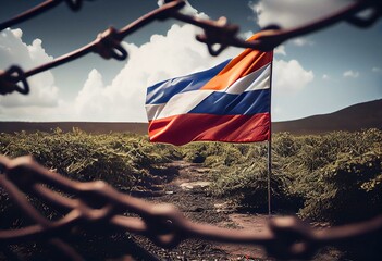Flag of Netherlands Antilles - Refugees near barbed wire fence. Migrants migrates to other countries. Generative AI - obrazy, fototapety, plakaty