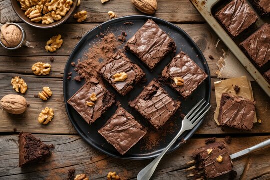 High Angle View Of Various Homemade Chocolate Brownie Slices On A Black Plate Surrounded By Some Brownie Crumbs