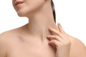 Obraz na płótnie Canvas Woman touching her neck on white background, closeup