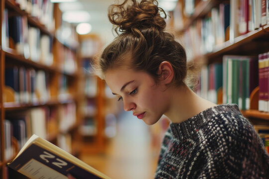 Young Woman Reading Book In Library With Intense Focus.
