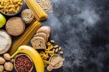 High angle view of various kinds of food rich in carbohydrates  - obrazy, fototapety, plakaty