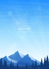 Mountain landscape. Spiky mountain peaks and forest against the blue sky. Flat style. Minimalistic vector image. Design for background, cover, postcard, wallpaper, brochure. 