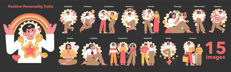 A vibrant collection of vector illustrations showcases a diverse group of people embodying positive personality traits such as adaptability, ambition, and kindness.