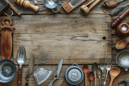 Kitchen Utensils: Top View Of Various Kinds Of Rustic Kitchen Utensils Like A Silver Fork, A Cooking Board, A Silver Teaspoon, Various Wooden Spoons