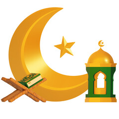 Ramadan Decoration with crescent, Quran and dome mosque 3D Illustration