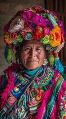 Obraz premium Elderly Woman in Traditional Attire with Colorful Head Cap