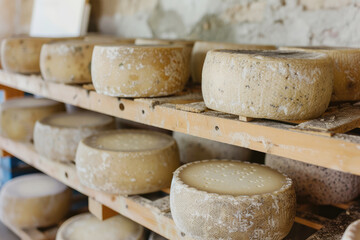 round heads of hard cheese lie on shelves in the basement for ripening