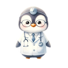 Obraz premium Cute watercolor animal character wearing doctor uniform clipart of penguin