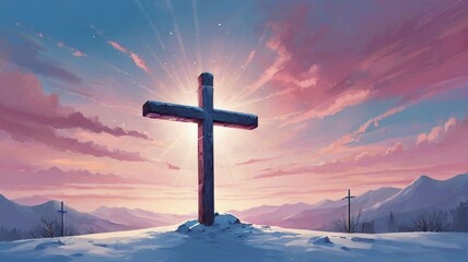 Cross in the snow and mountains with sky view - obrazy, fototapety, plakaty