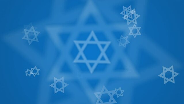 Rotating white figures of the Star of David on a blue background. Jewish religious symbols. Looped motion graphics.
