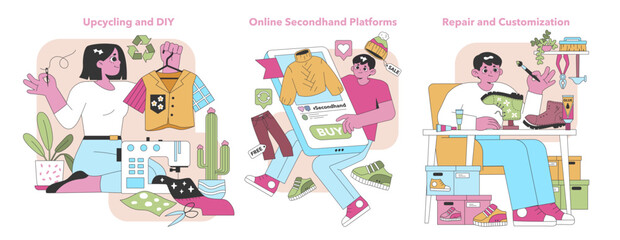 Creative reuse set. Enthusiasts engage in upcycling and DIY projects, shopping on online secondhand platforms, and repairing items for a unique style. Sustainable living. Vector illustration.
